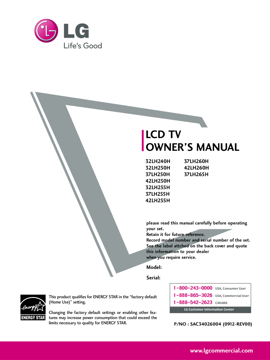 LG Electronics 42LH255H, SAC34026004, 42LH260H, 37LH250H, 37LH260H, 37LH255H, 37LH265H owner manual Lcd Tv, Model Serial 