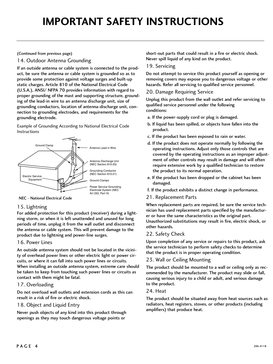 LG Electronics 37LH250H Outdoor Antenna Grounding, Lightning, Power Lines, Overloading, Object and Liquid Entry, Servicing 