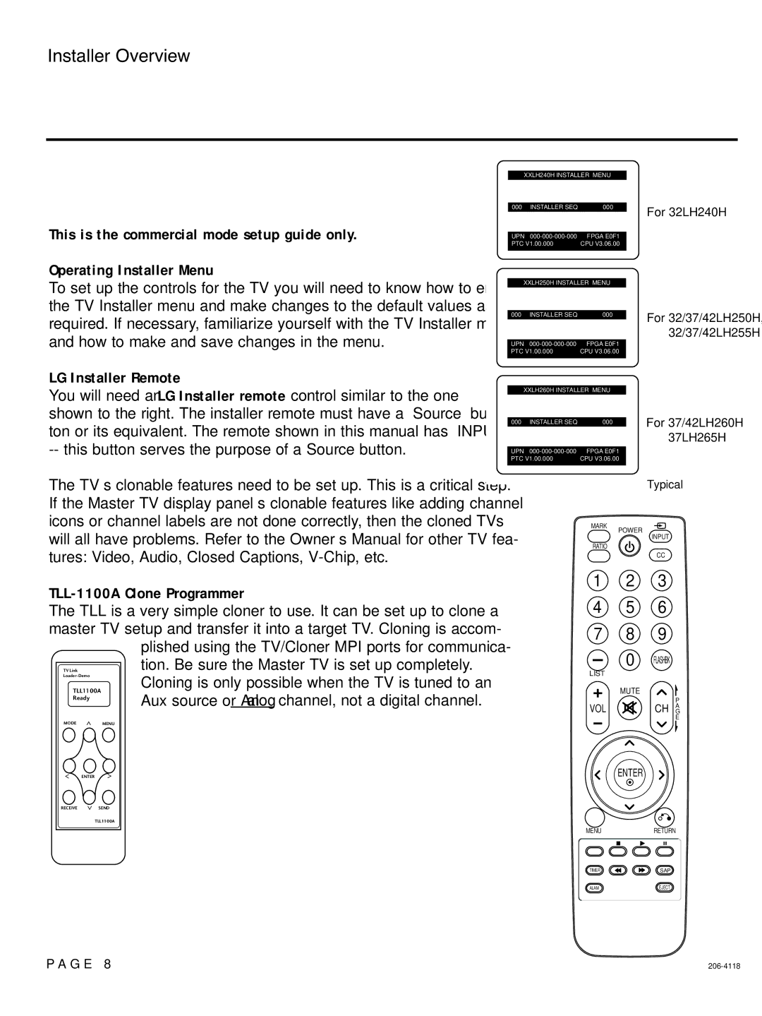 LG Electronics 32LH250H, SAC34026004, 42LH255H Installer Overview, LG Installer Remote, TLL-1100A Clone Programmer, Typical 