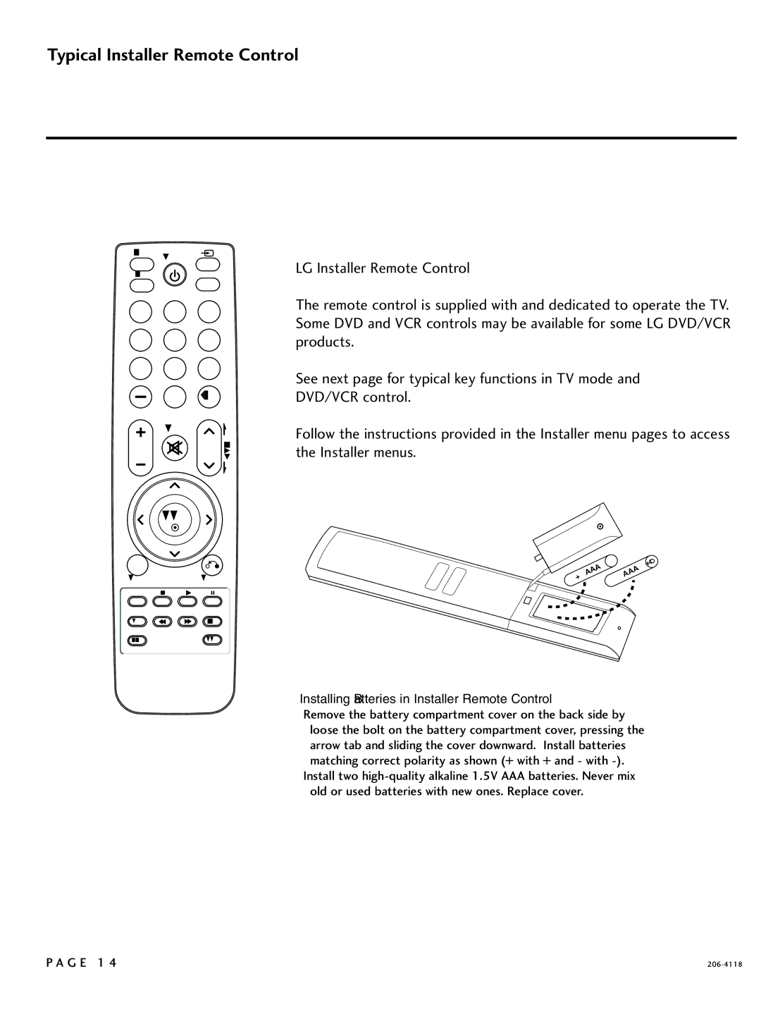 LG Electronics 37LH250H, SAC34026004 Typical Installer Remote Control, Installing Batteries in Installer Remote Control 