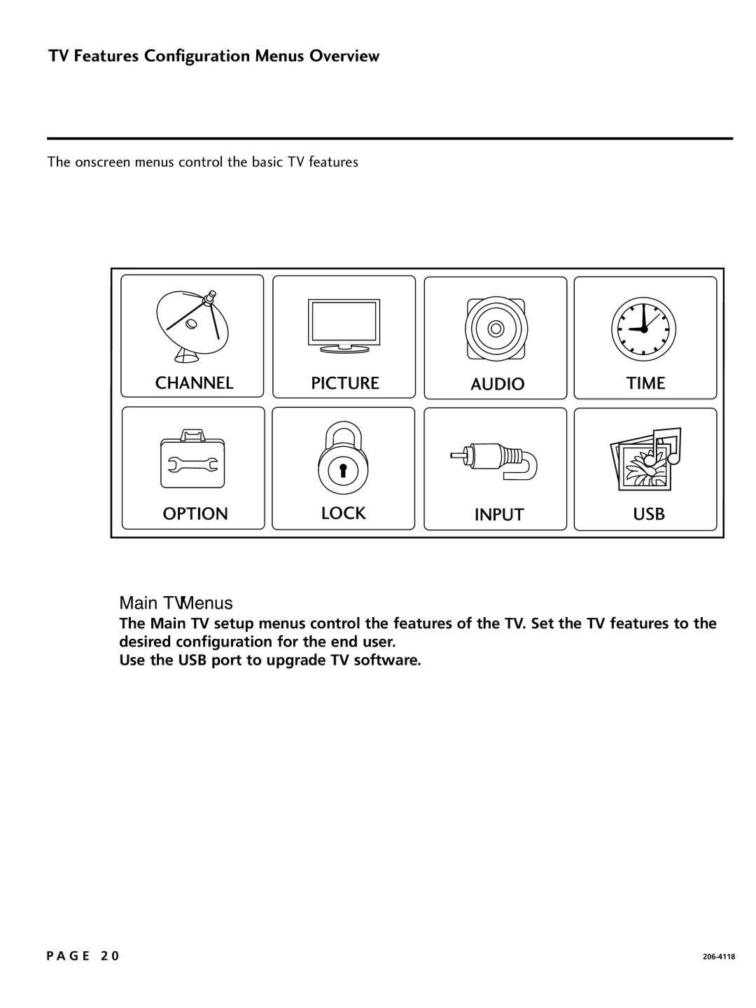 LG Electronics 32LH255H, SAC34026004, 42LH255H, 42LH260H, 37LH250H TV Features Configuration Menus Overview, Main TV Menus 