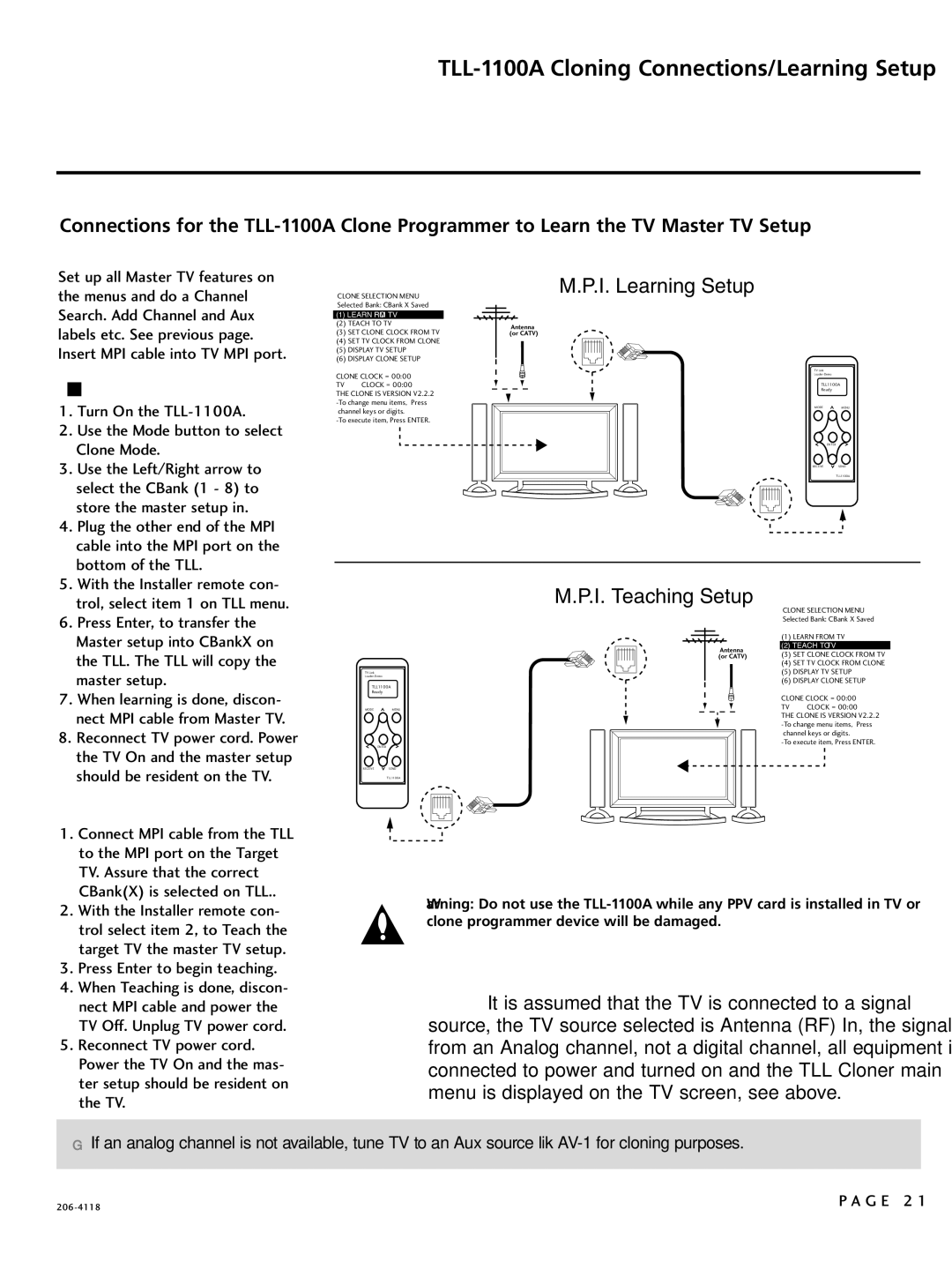 LG Electronics SAC34026004 TLL-1100A Cloning Connections/Learning Setup, On Master TV, On TLL-1100A, On Target TV 