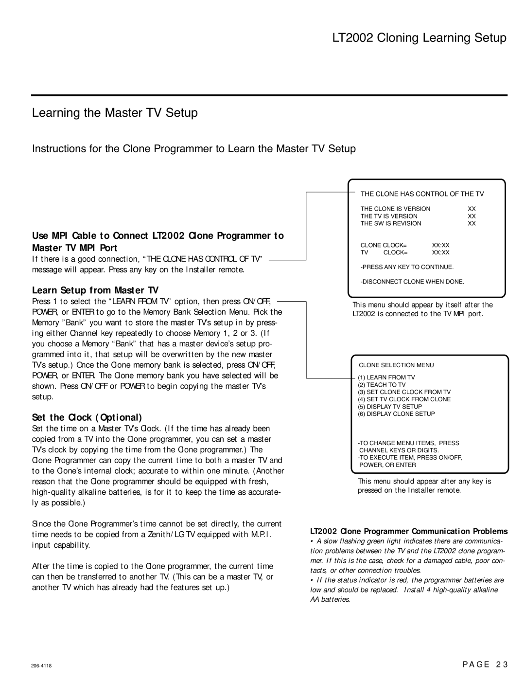 LG Electronics 42LH260H, 42LH255H LT2002 Cloning Learning Setup Learning the Master TV Setup, Learn Setup from Master TV 