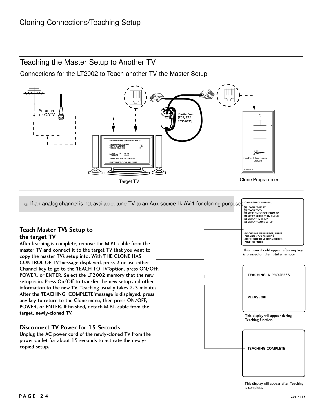 LG Electronics 37LH250H, SAC34026004, 42LH255H Teach Master TV’s Setup to the target TV, Disconnect TV Power for 15 Seconds 