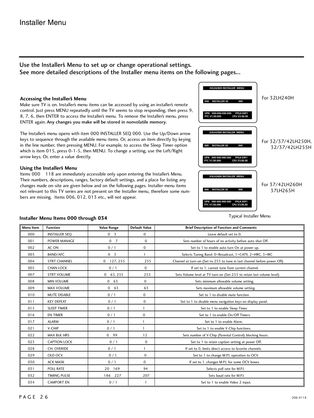 LG Electronics 37LH255H, 42LH255H Accessing the Installer’s Menu, Using the Installer’s Menu, Typical Installer Menu 