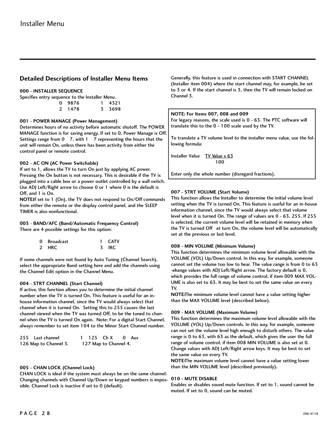 LG Electronics 32LH250H Detailed Descriptions of Installer Menu Items, Specifies entry sequence to the Installer Menu 