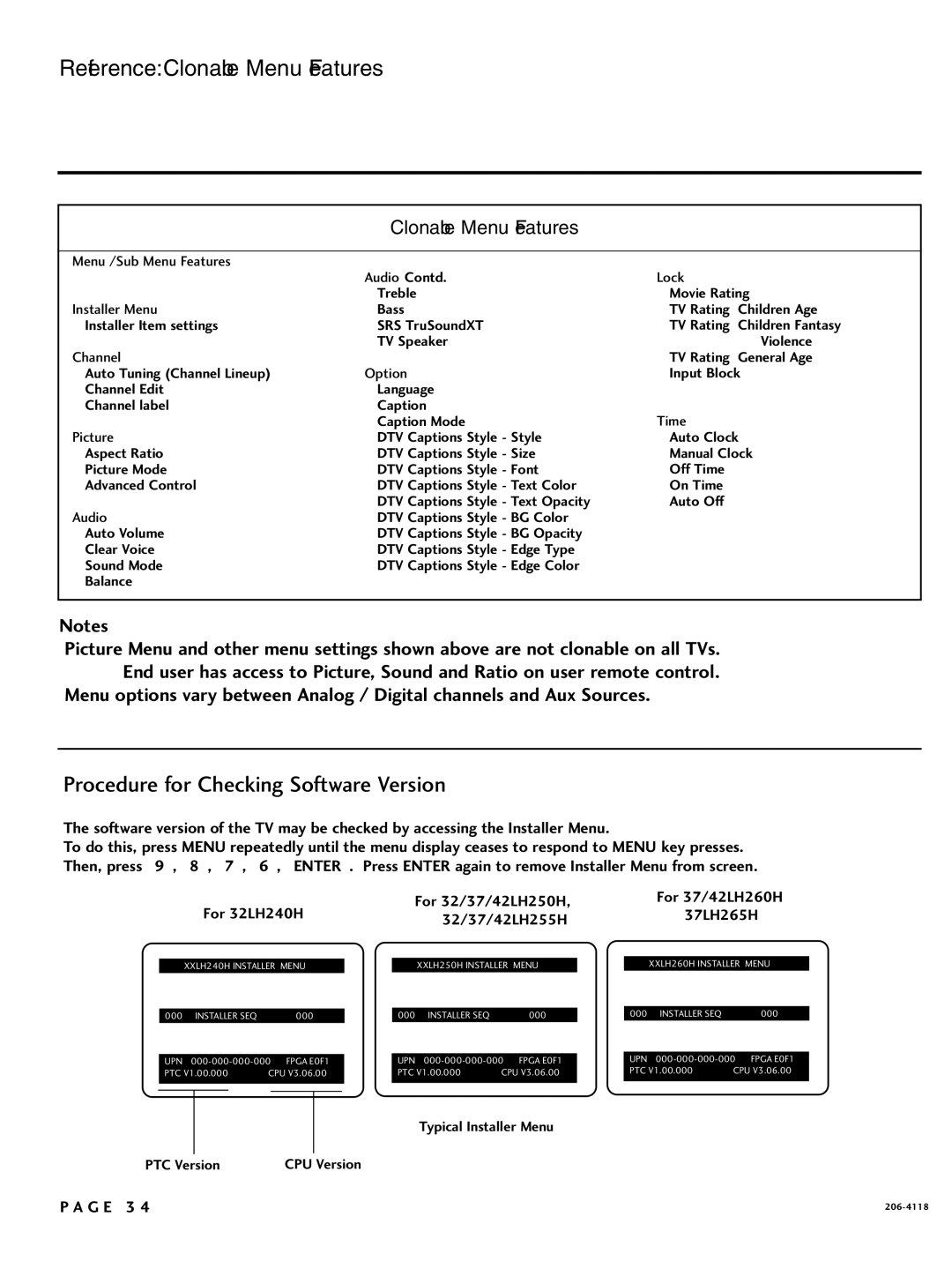 LG Electronics 37LH250H Reference Clonable Menu Features, TV Speaker Violence, TV Rating General Age, Caption Mode 