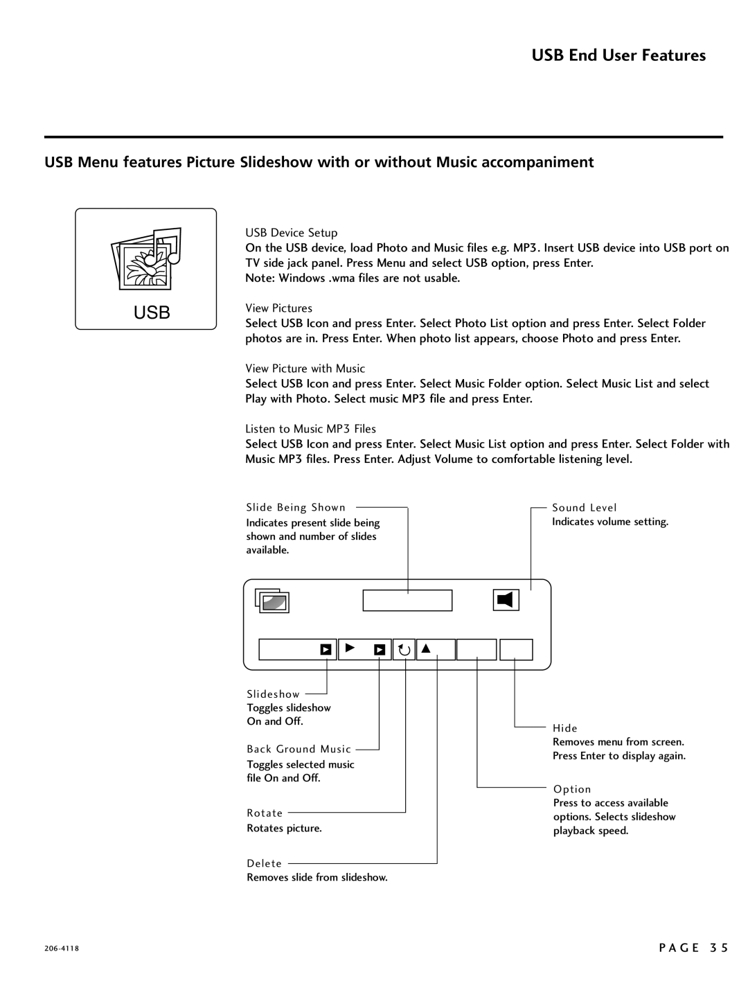 LG Electronics 37LH260H, SAC34026004 USB End User Features, USB Device Setup, View Pictures, View Picture with Music 