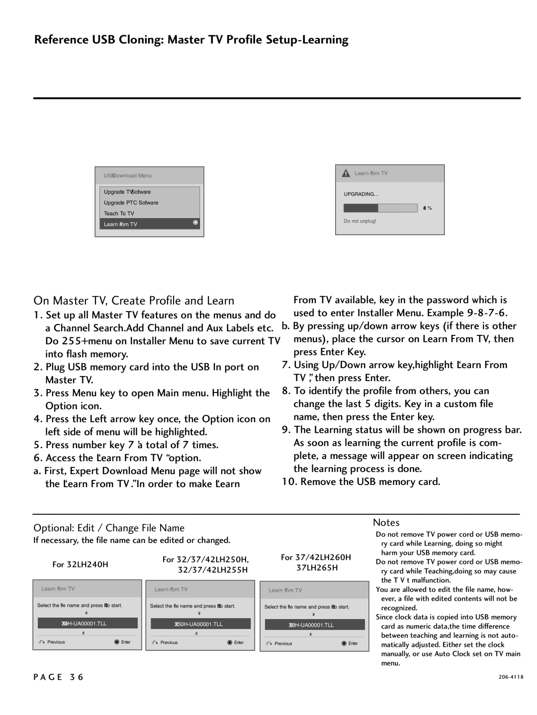 LG Electronics 37LH255H, 42LH255H Reference USB Cloning Master TV Profile Setup-Learning, Optional Edit / Change File Name 