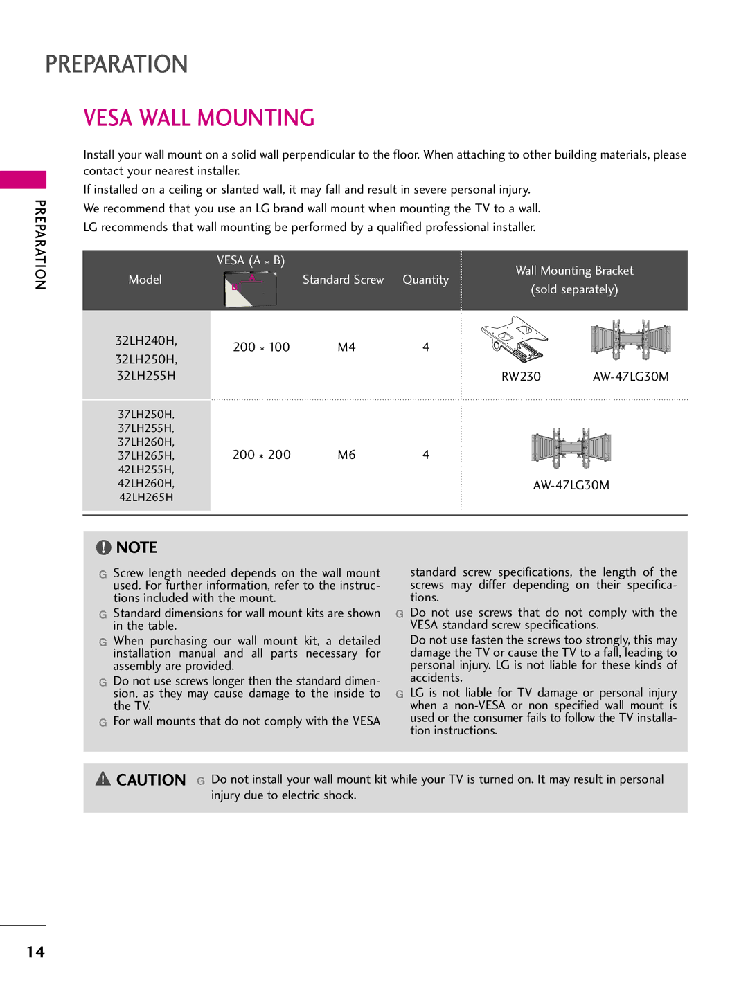 LG Electronics 37LH265H, SAC34026004, 42LH255H, 42LH260H, 37LH250H, 37LH260H Vesa Wall Mounting, 200, RW230, AW-47LG30M 