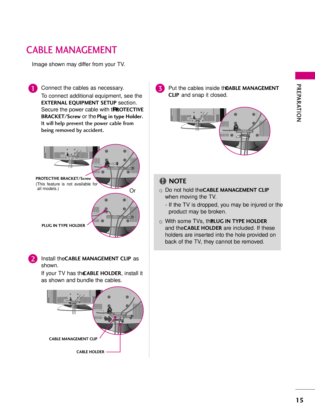 LG Electronics 32LH250H, SAC34026004, 42LH255H, 42LH260H Cable Management, Secure the power cable with the Protective 