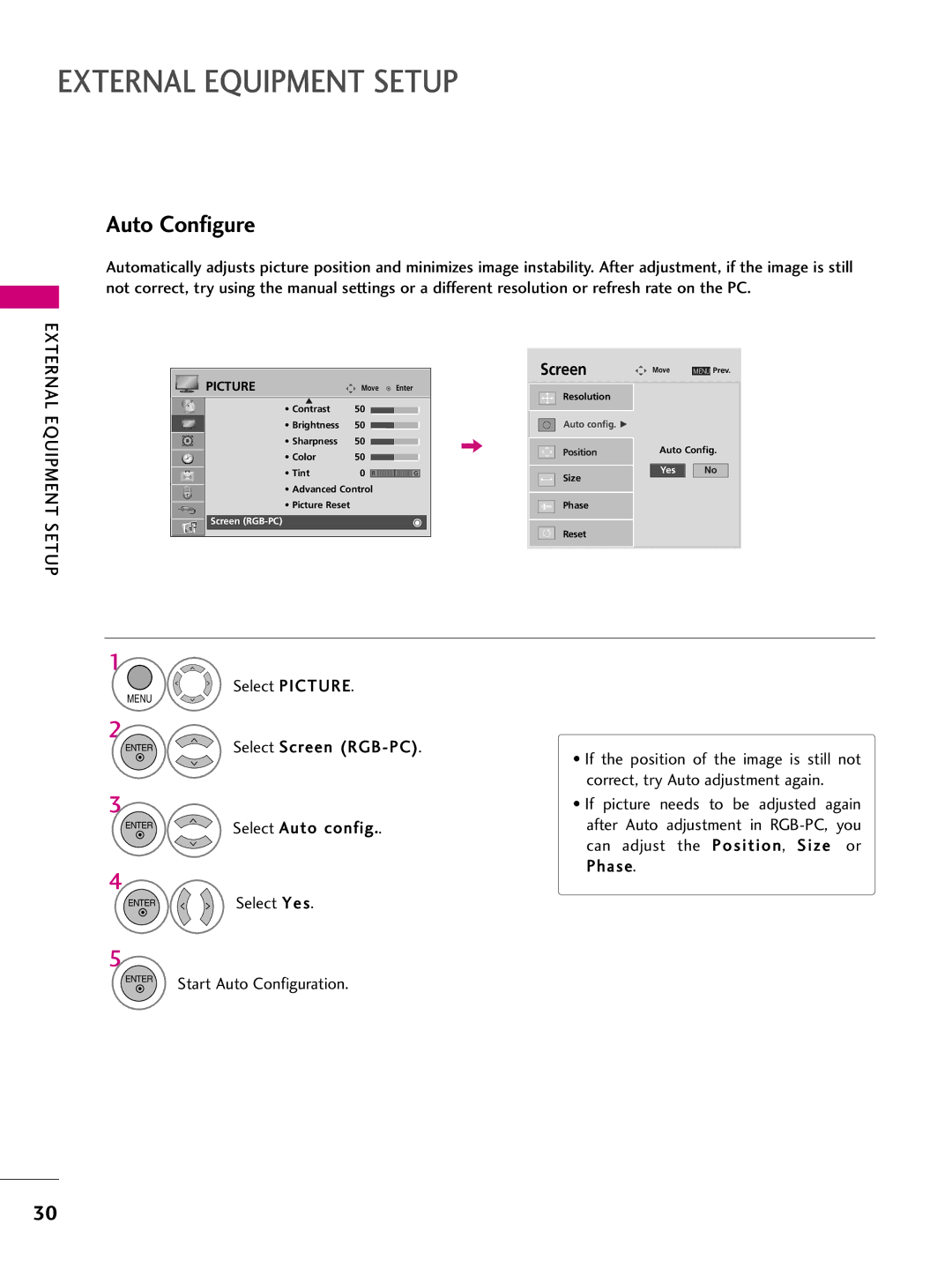 LG Electronics 42LH260H, SAC34026004 Select Auto config, Enter Select Yes, Can adjust the Position, S i z e or Phase 