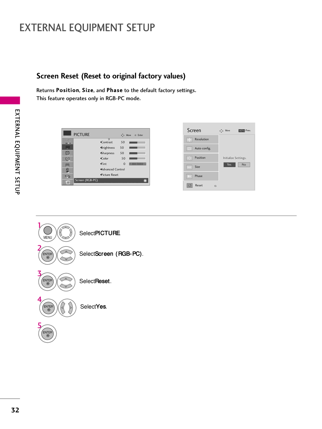 LG Electronics 37LH260H, SAC34026004, 42LH255H, 42LH260H, 37LH250H Screen Reset Reset to original factory values, Select Yes 