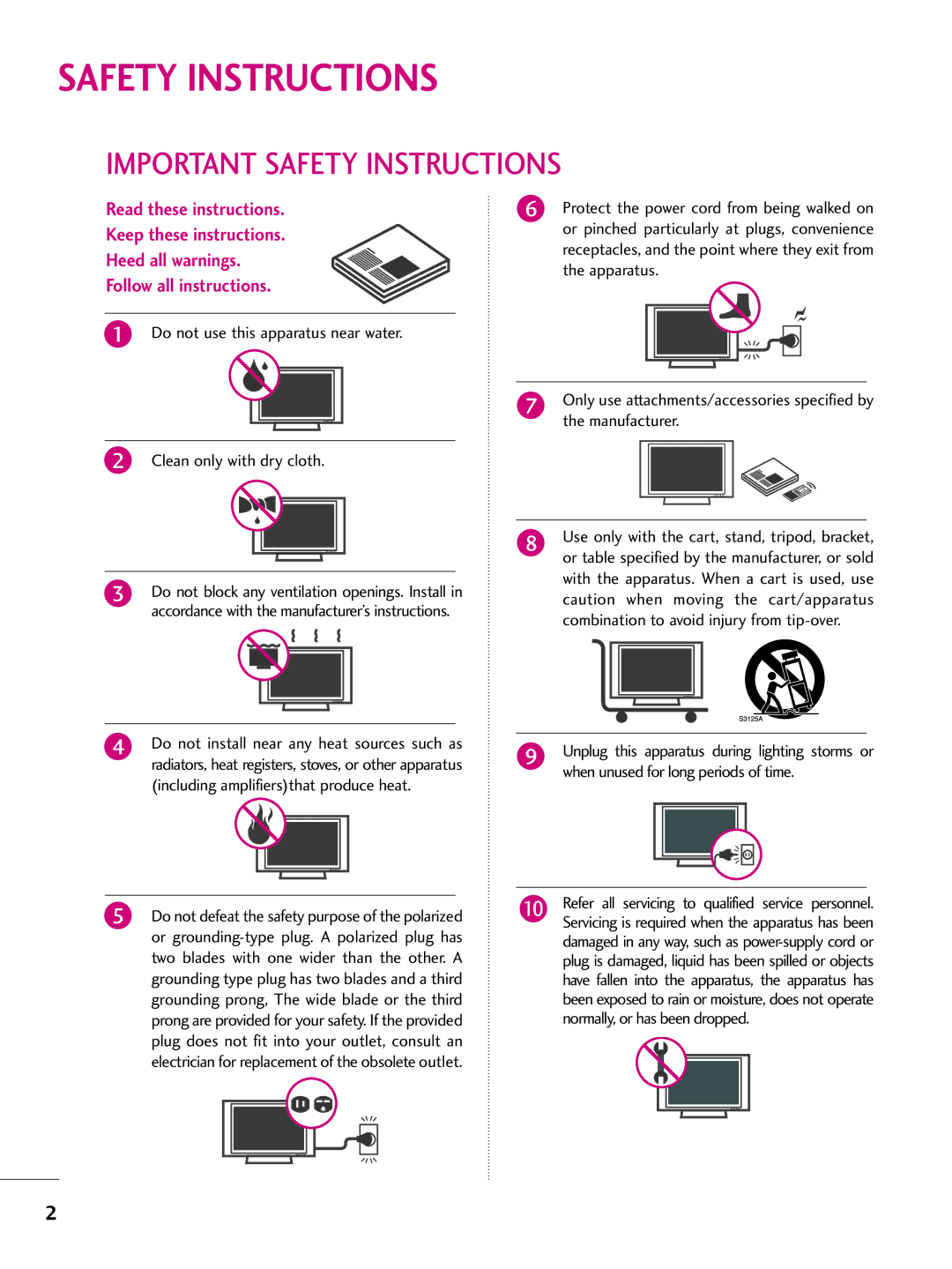 LG Electronics 37LH260H, SAC34026004, 42LH255H, 42LH260H, 37LH250H, 37LH255H, 37LH265H Important Safety Instructions 