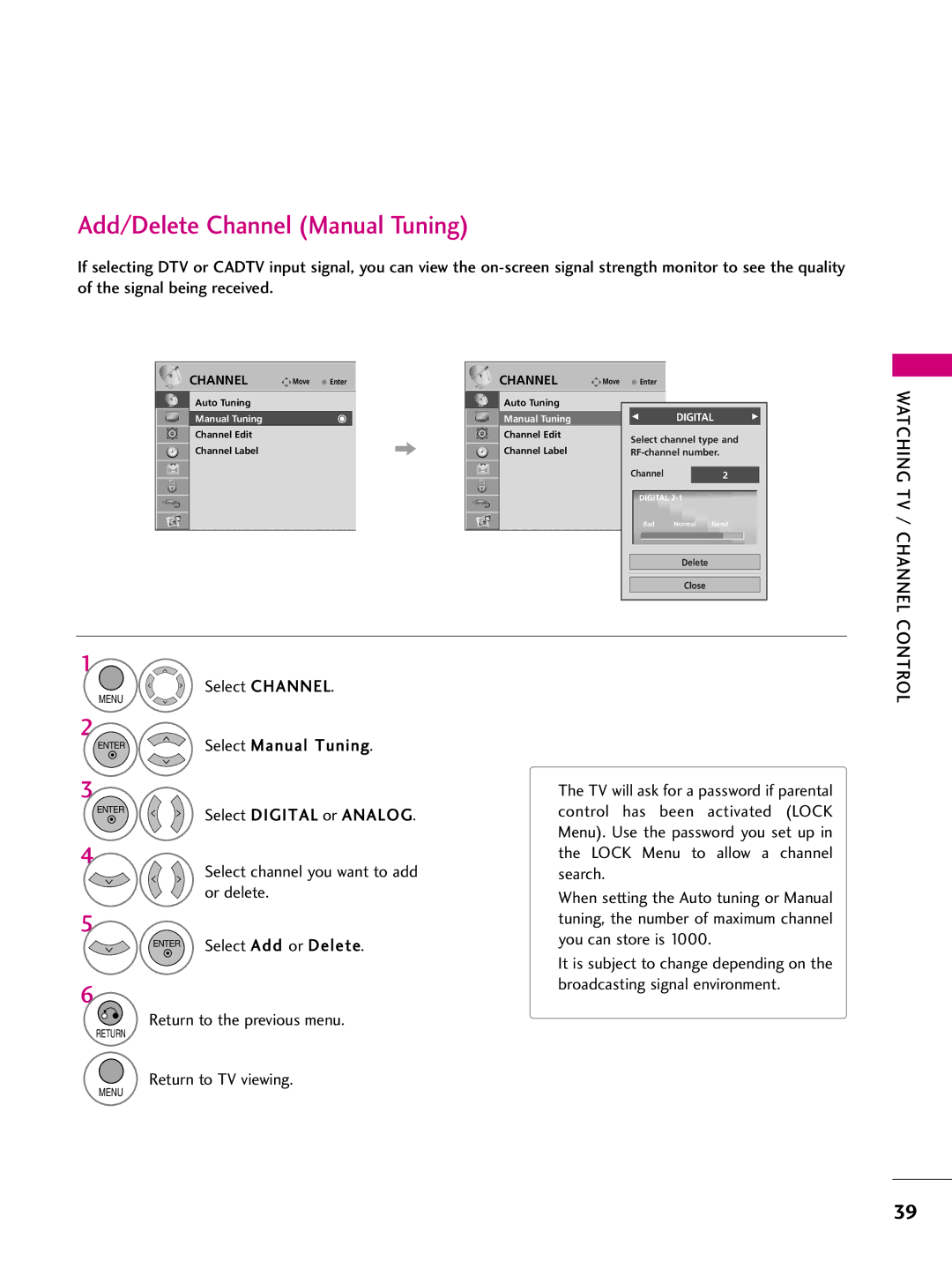 LG Electronics 42LH255H, SAC34026004 Add/Delete Channel Manual Tuning, Watching TV / Channel, ENTERSelect Manual Tuning 