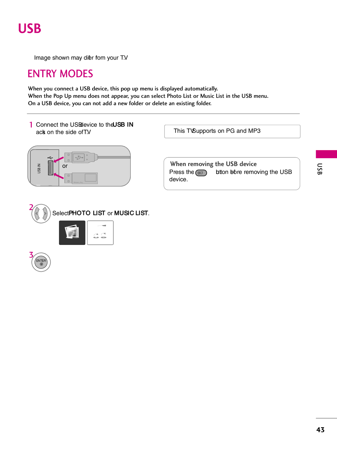 LG Electronics 37LH255H, SAC34026004, 42LH255H Usb, Entry Modes, Press the Eject button before removing the USB device 