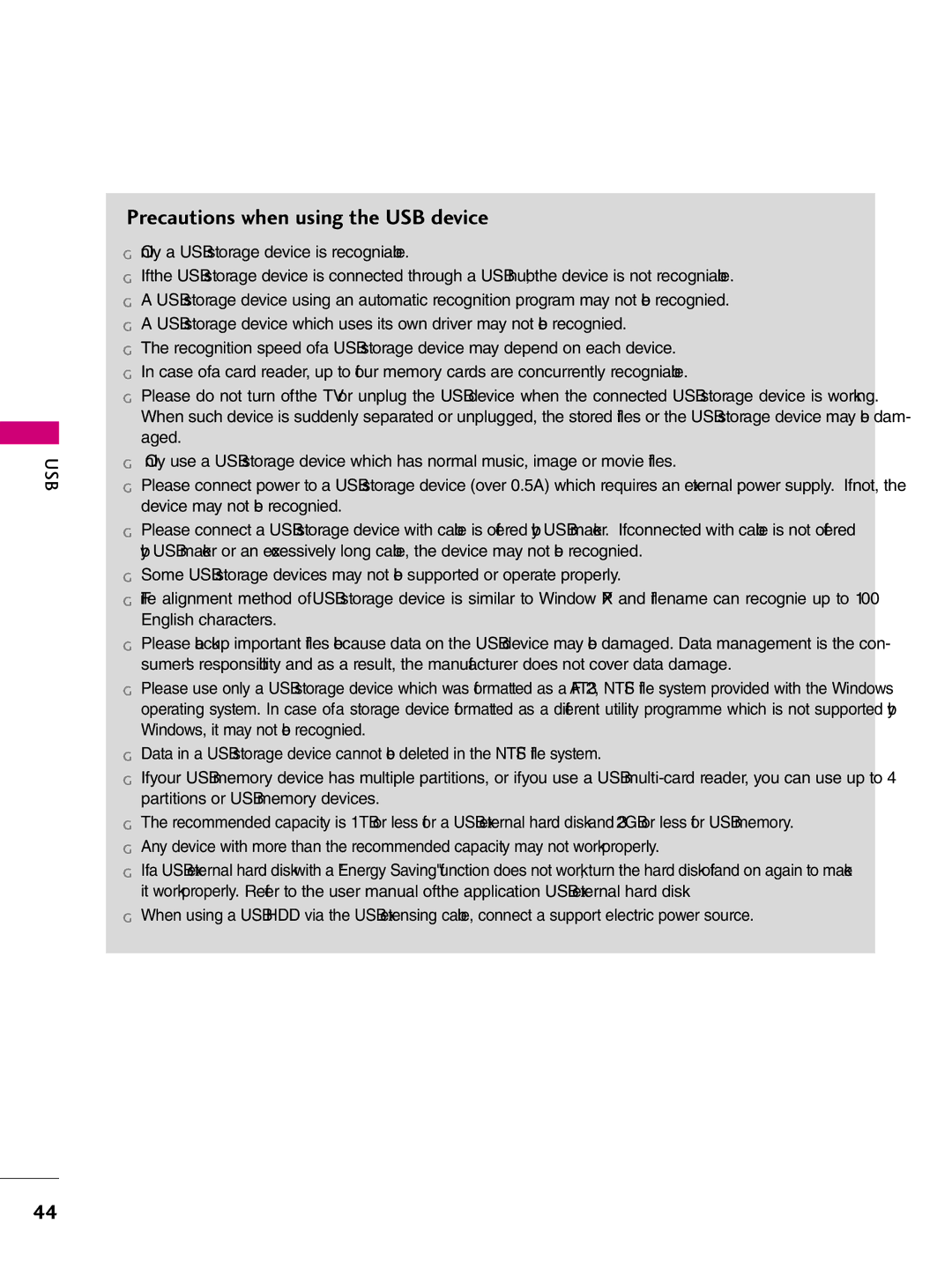 LG Electronics 37LH265H, SAC34026004, 42LH255H, 42LH260H, 37LH250H, 37LH260H, 37LH255H Precautions when using the USB device 