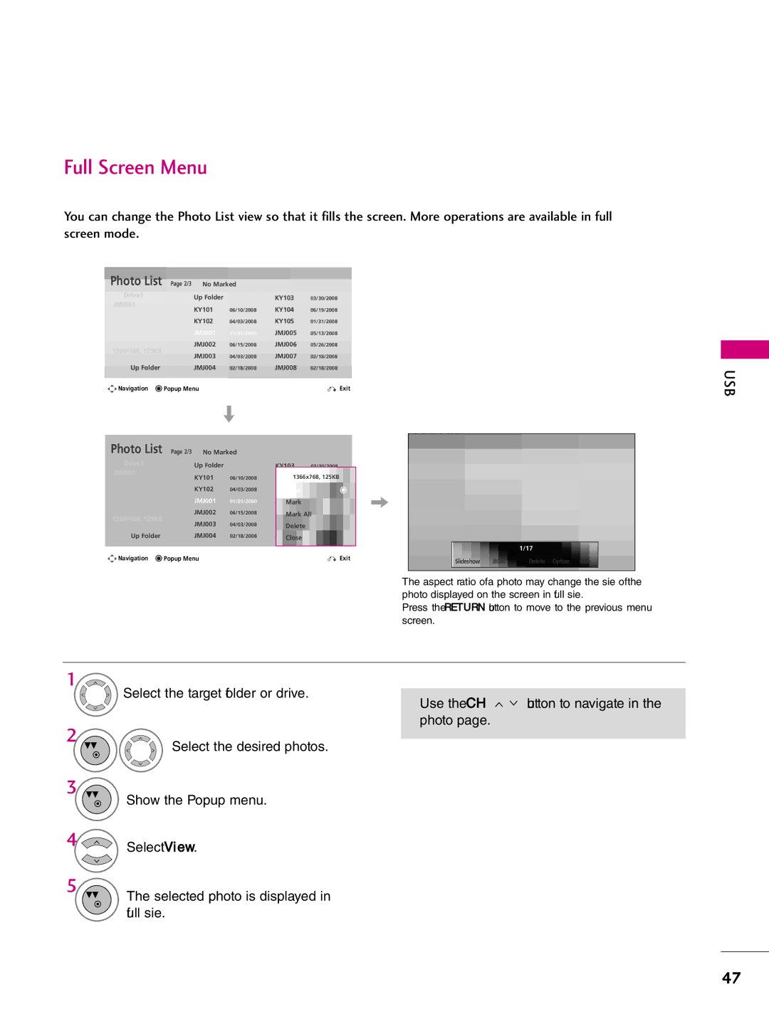 LG Electronics 32LH255H, SAC34026004, 42LH255H, 42LH260H, 37LH250H, 37LH260H, 37LH255H, 37LH265H Full Screen Menu, Photo List 