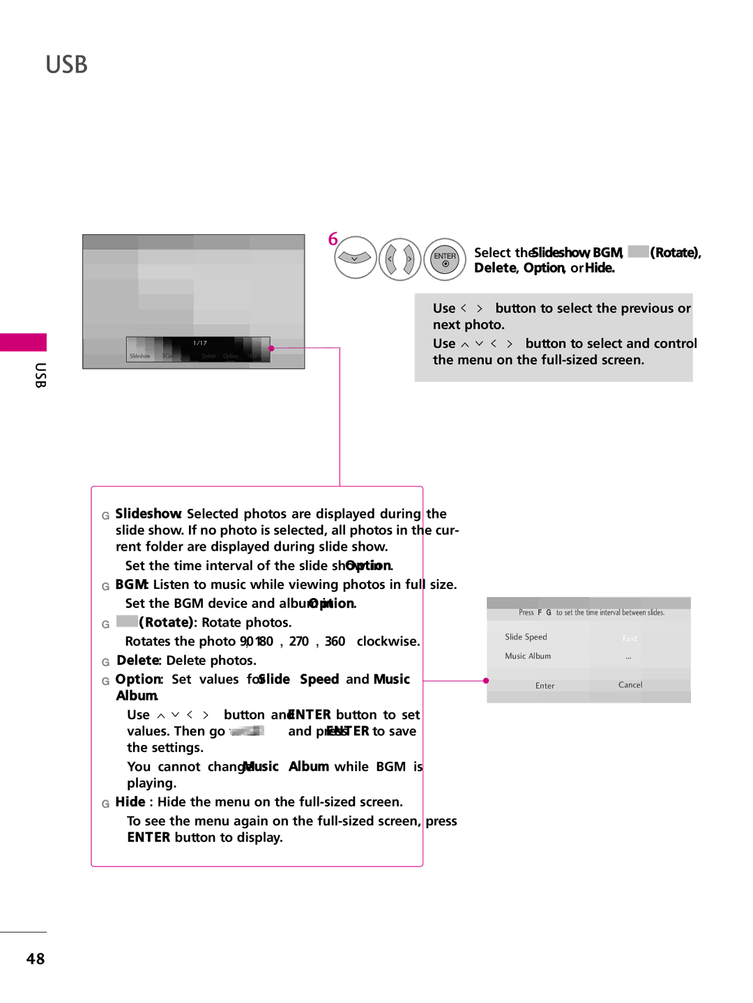 LG Electronics SAC34026004, 42LH255H, 42LH260H, 37LH250H, 37LH260H, 37LH255H, 37LH265H, 32LH250H Enter Select the Slideshow, BGM 