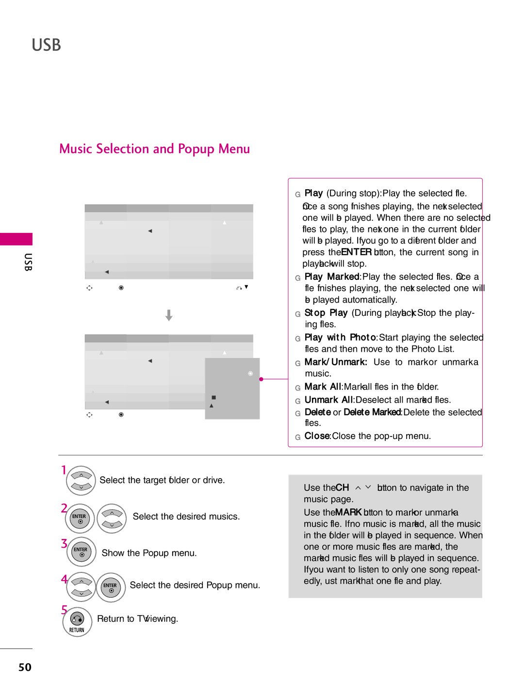 LG Electronics 42LH260H Music Selection and Popup Menu, Show the Popup menu, Use the CH button to navigate in the music 