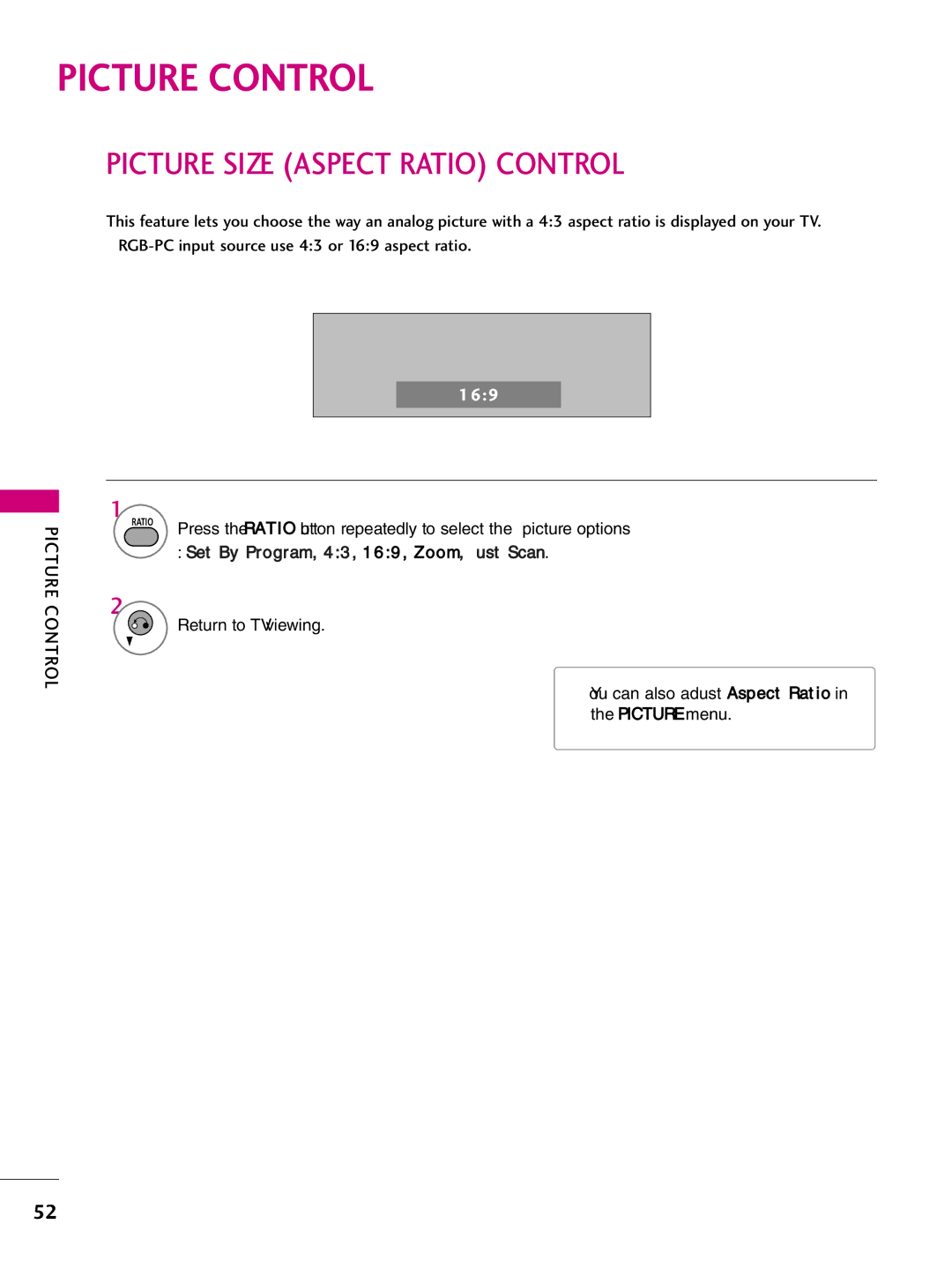 LG Electronics 37LH260H, SAC34026004, 42LH255H, 42LH260H, 37LH250H Picture Control, Picture Size Aspect Ratio Control 