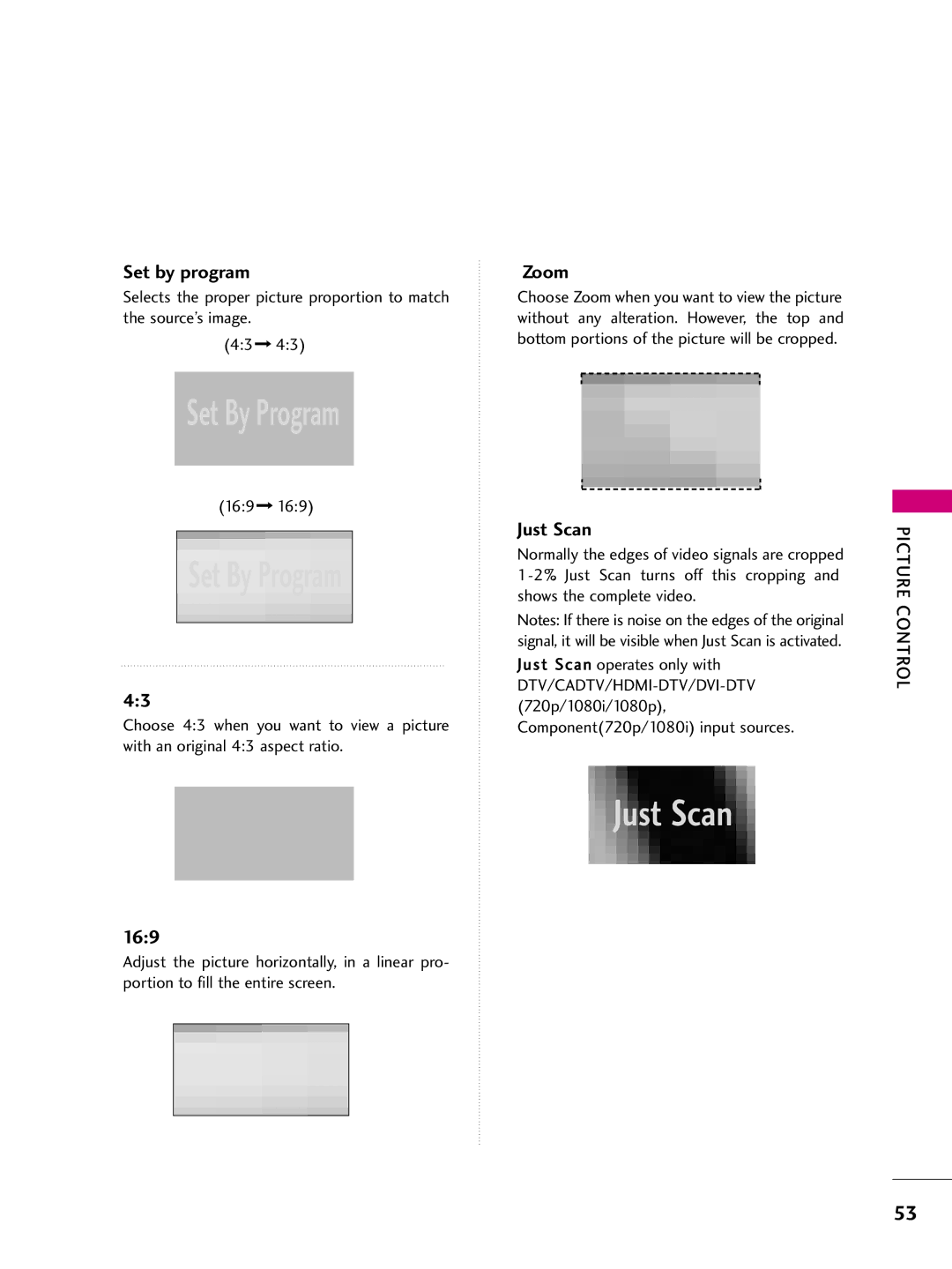 LG Electronics 37LH255H, SAC34026004, 42LH255H, 42LH260H, 37LH250H, 37LH260H, 37LH265H Set by program, 169, Zoom, Just Scan 