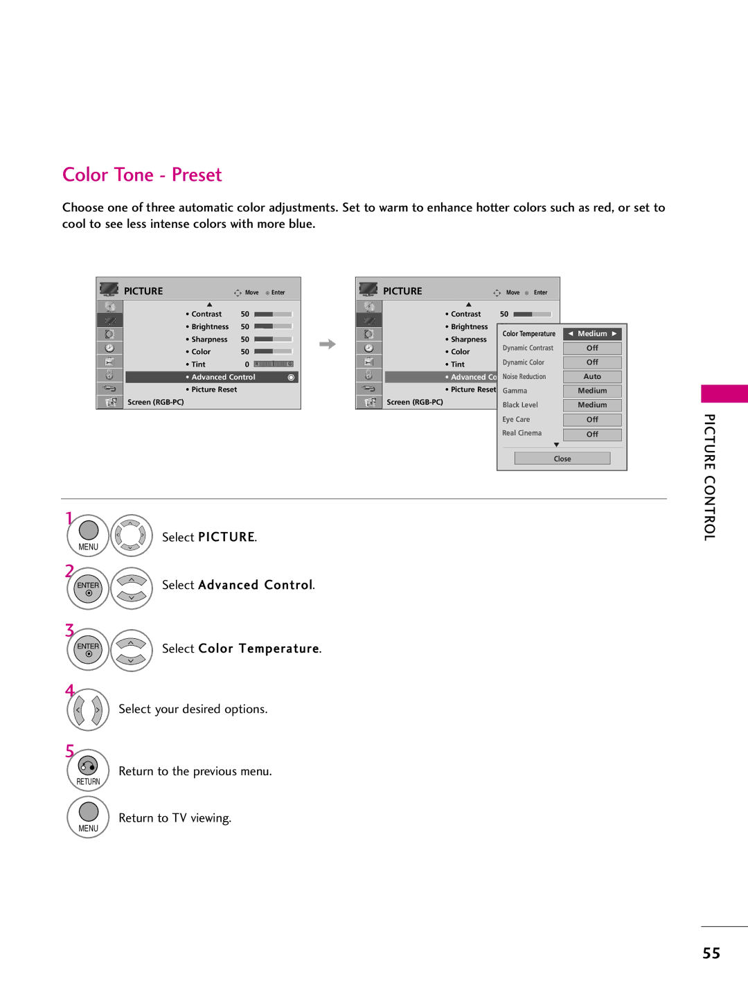 LG Electronics 32LH250H, SAC34026004, 42LH255H, 42LH260H, 37LH250H, 37LH260H Color Tone Preset, Select Advanced Control 