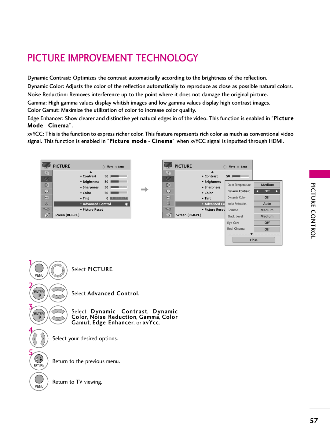 LG Electronics 32LH255H, SAC34026004, 42LH255H, 42LH260H Picture Improvement Technology, Select Dynamic Contrast, Dynamic 