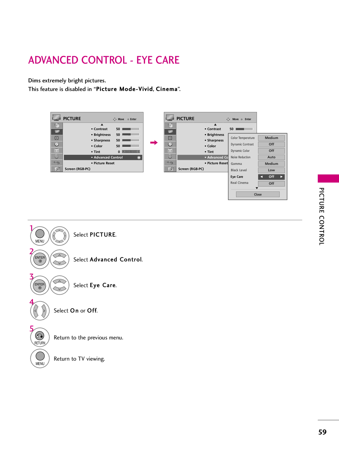 LG Electronics 42LH255H Advanced Control EYE Care, Picture, Select Eye, Select O n or Off Return to the previous menu 