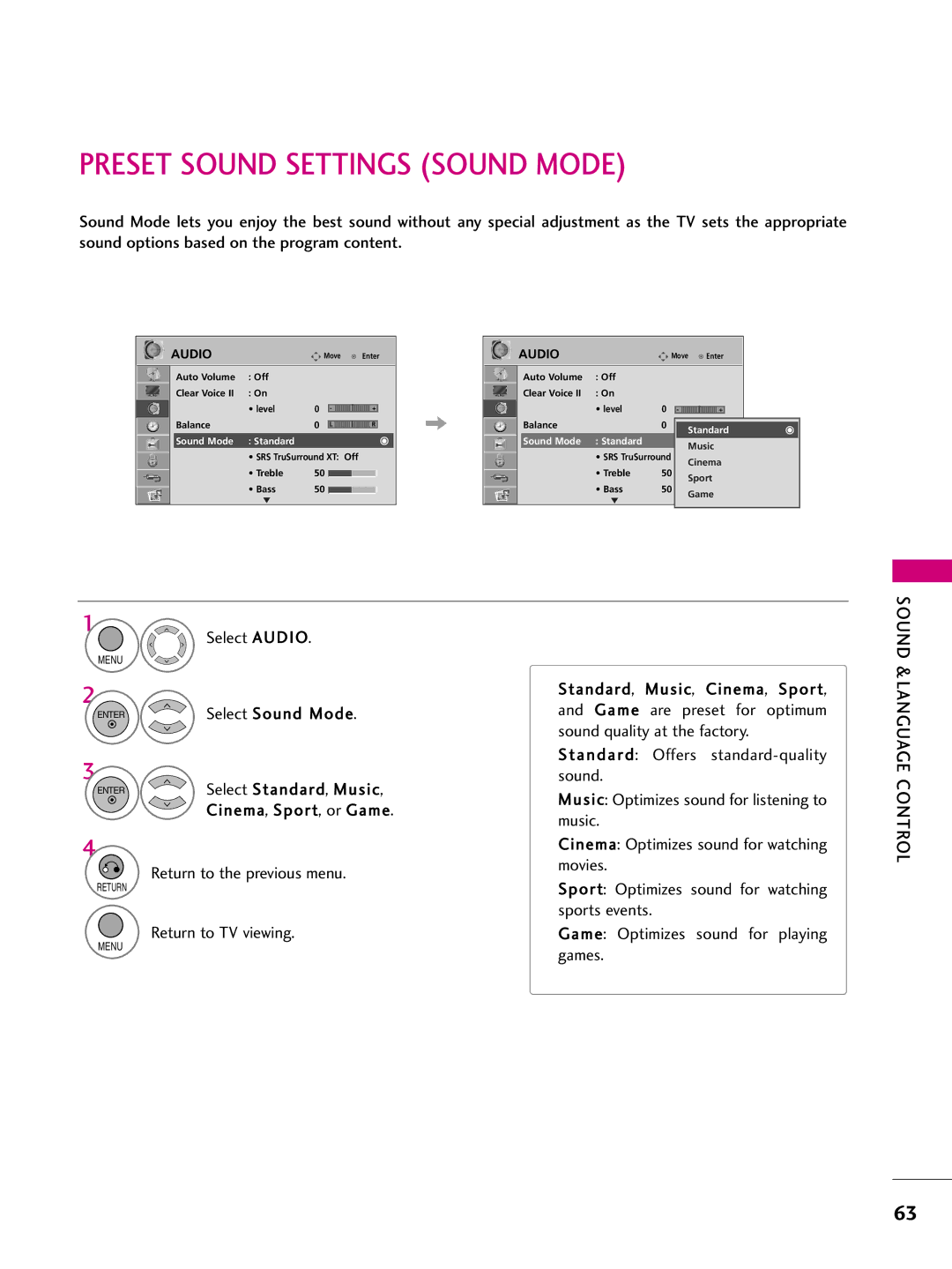 LG Electronics 37LH255H, SAC34026004, 42LH255H, 42LH260H, 37LH250H, 37LH260H, 37LH265H Preset Sound Settings Sound Mode 