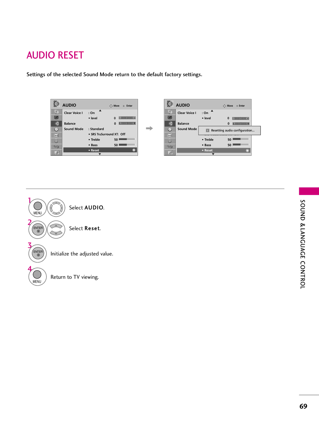 LG Electronics 42LH255H, SAC34026004, 42LH260H, 37LH250H, 37LH260H, 37LH255H Audio Reset, Initialize the adjusted value 