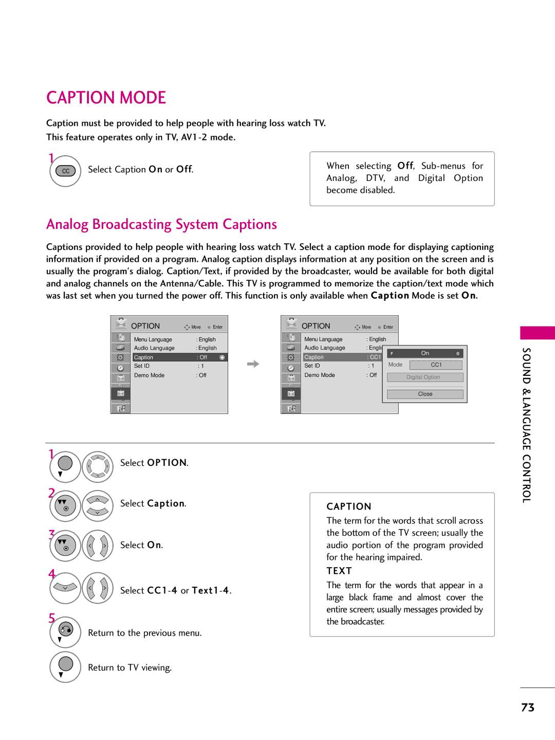 LG Electronics 37LH255H, SAC34026004, 42LH255H Caption Mode, Analog Broadcasting System Captions, Sound & Language, Text 