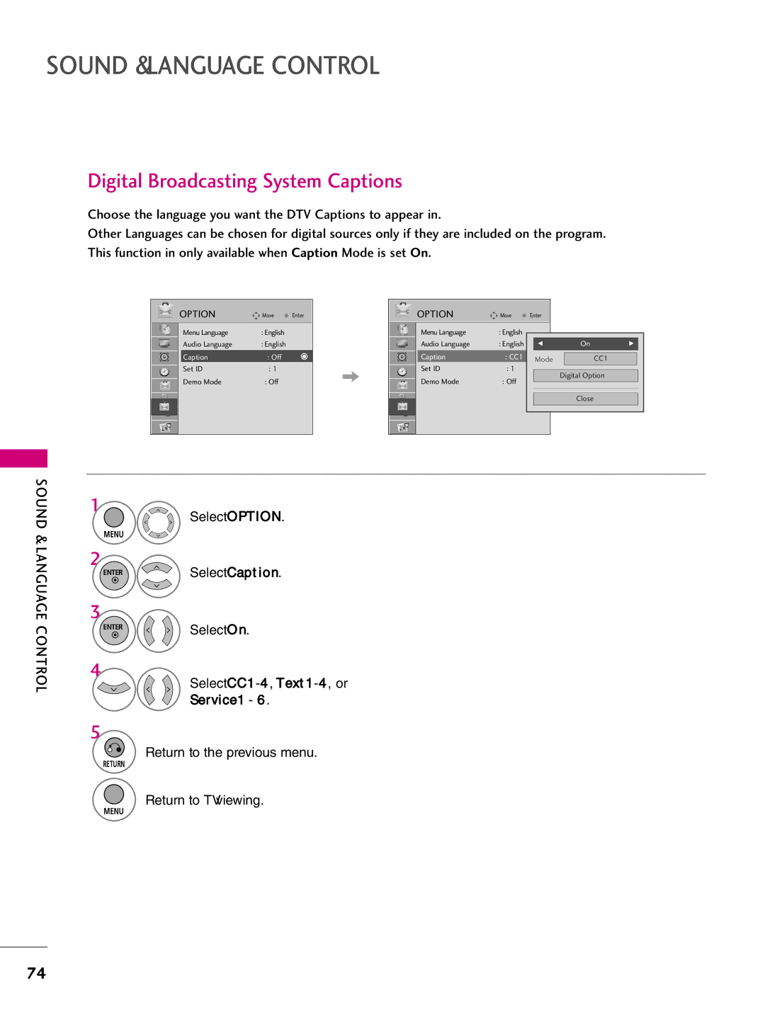 LG Electronics 37LH265H, SAC34026004, 42LH255H, 42LH260H Digital Broadcasting System Captions, Select Option, Select O n 