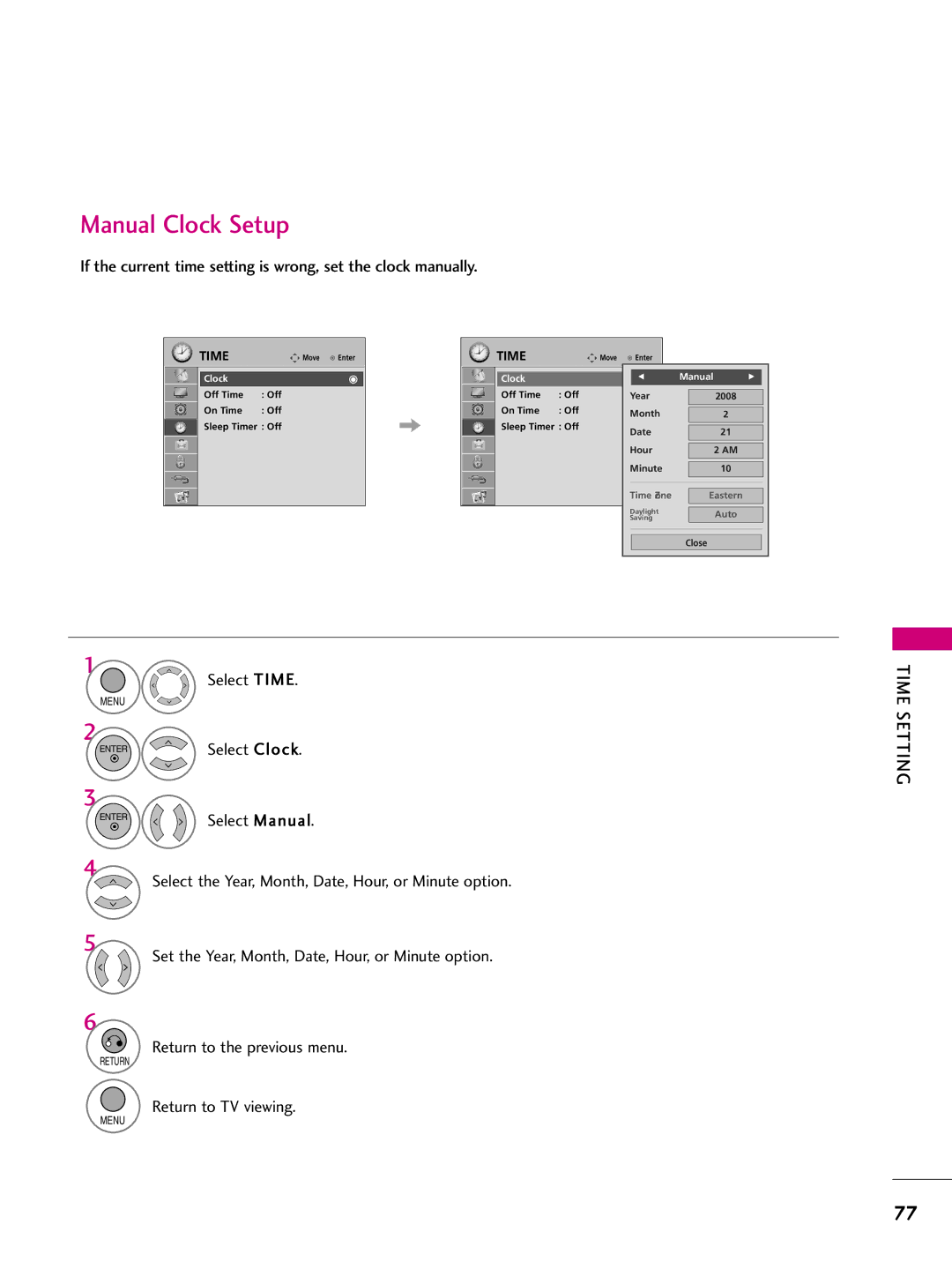 LG Electronics 32LH255H, SAC34026004, 42LH255H, 42LH260H, 37LH250H, 37LH260H, 37LH255H Manual Clock Setup, Time Setting 