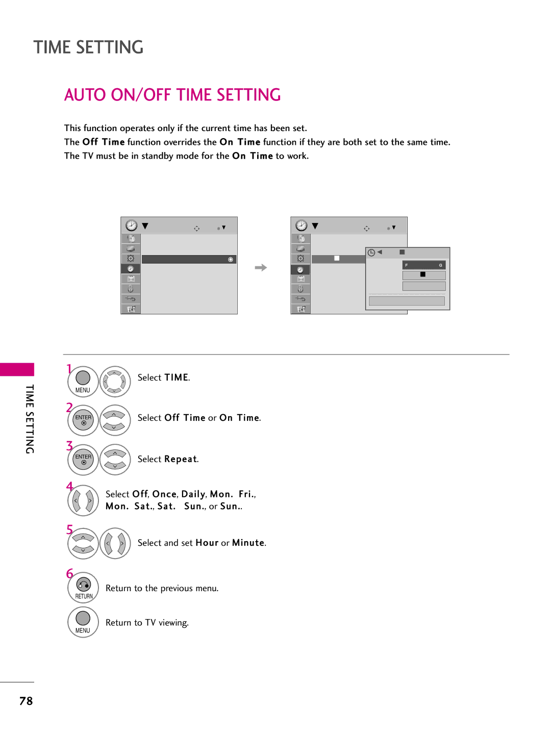 LG Electronics SAC34026004, 42LH255H, 42LH260H, 37LH250H Auto ON/OFF Time Setting, Select Time, Select Off Time or On 