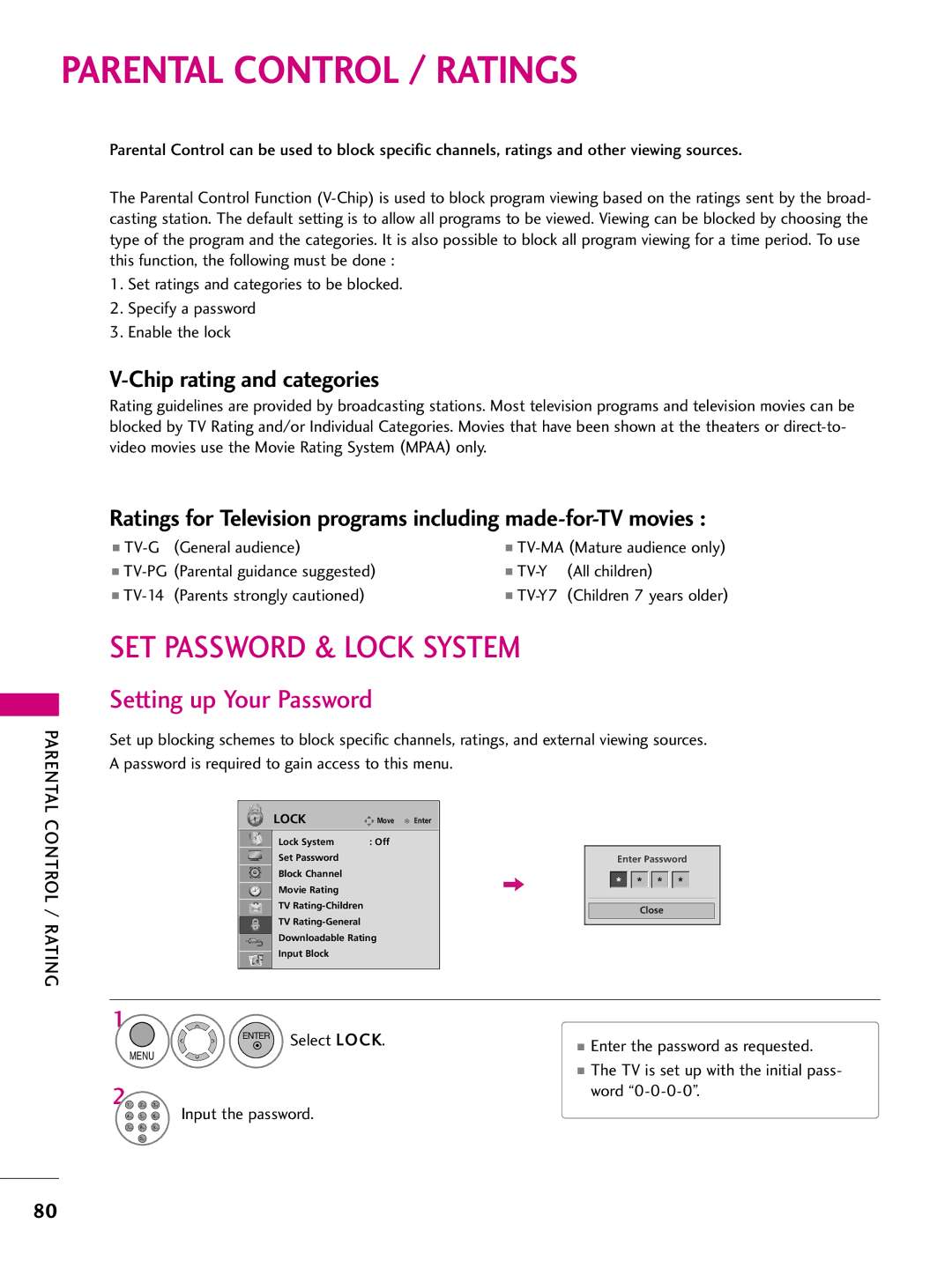 LG Electronics 42LH260H, SAC34026004 Parental Control / Ratings, SET Password & Lock System, Setting up Your Password 