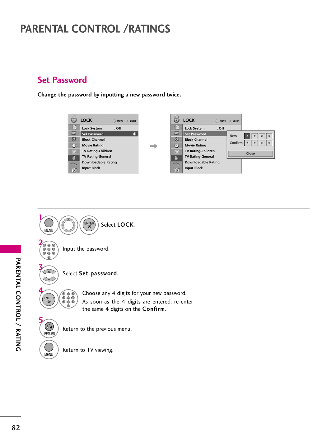 LG Electronics 37LH260H Set Password, Change the password by inputting a new password twice, Same 4 digits on the Confirm 