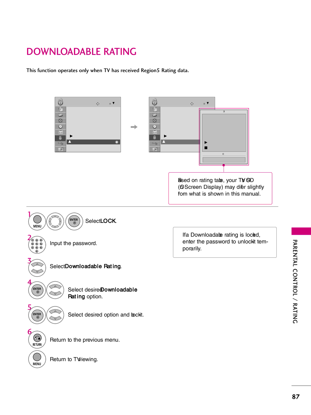 LG Electronics 32LH255H, SAC34026004 Downloadable Rating, If a Downloadable rating is locked, Input the password Porarily 