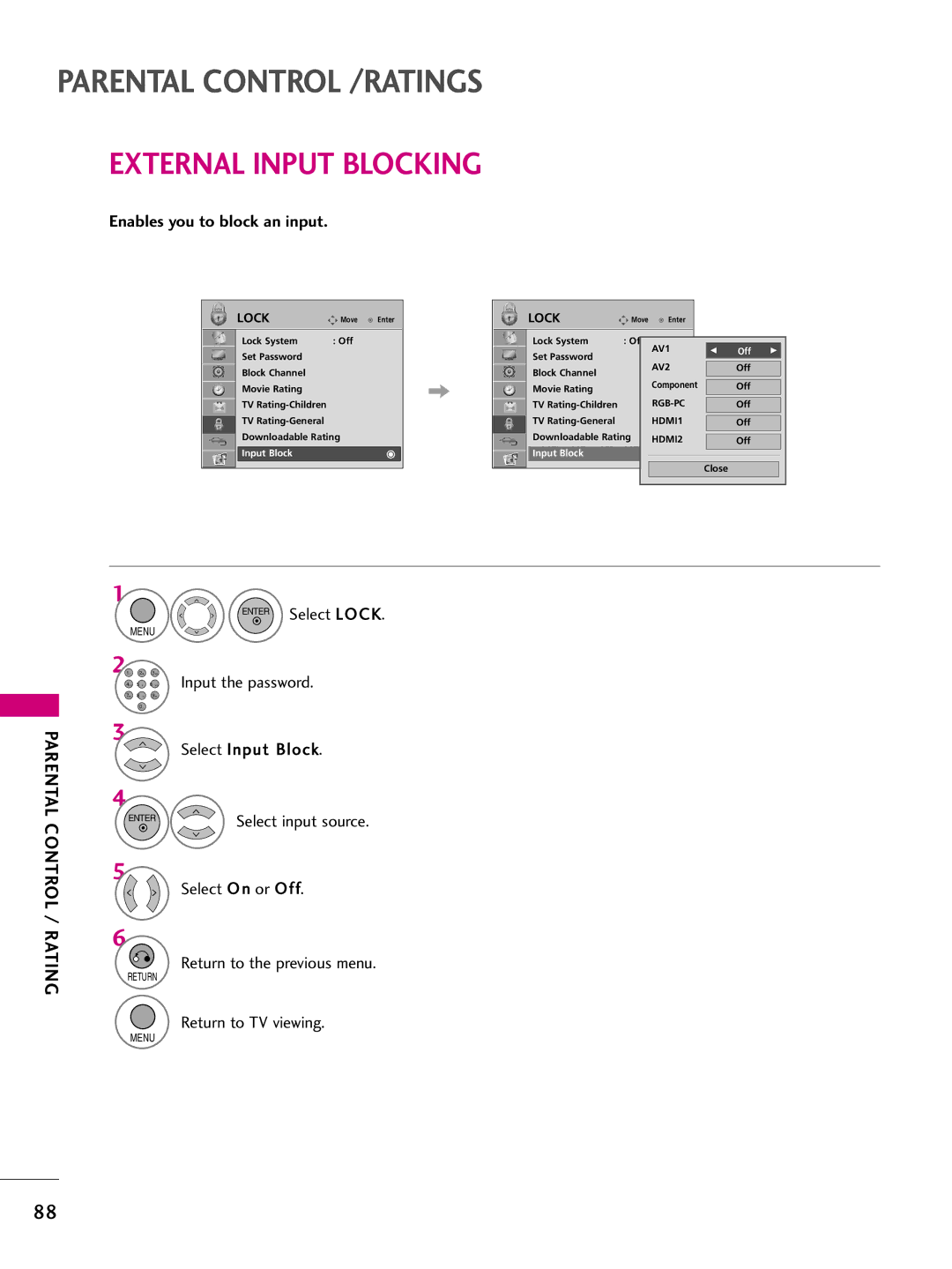 LG Electronics SAC34026004, 42LH255H, 42LH260H, 37LH250H, 37LH260H External Input Blocking, Enables you to block an input 