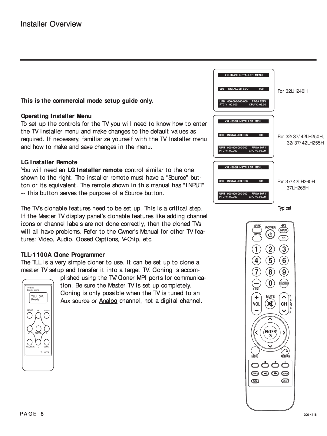 LG Electronics 32LH250H Installer Overview, This is the commercial mode setup guide only Operating Installer Menu 