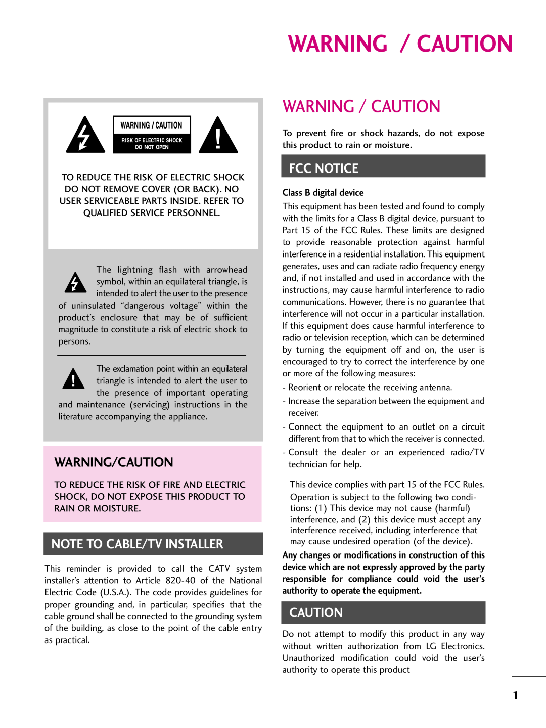 LG Electronics 37LH250H Warning / Caution, Warning/Caution, Note To Cable/Tv Installer, Fcc Notice, Class B digital device 