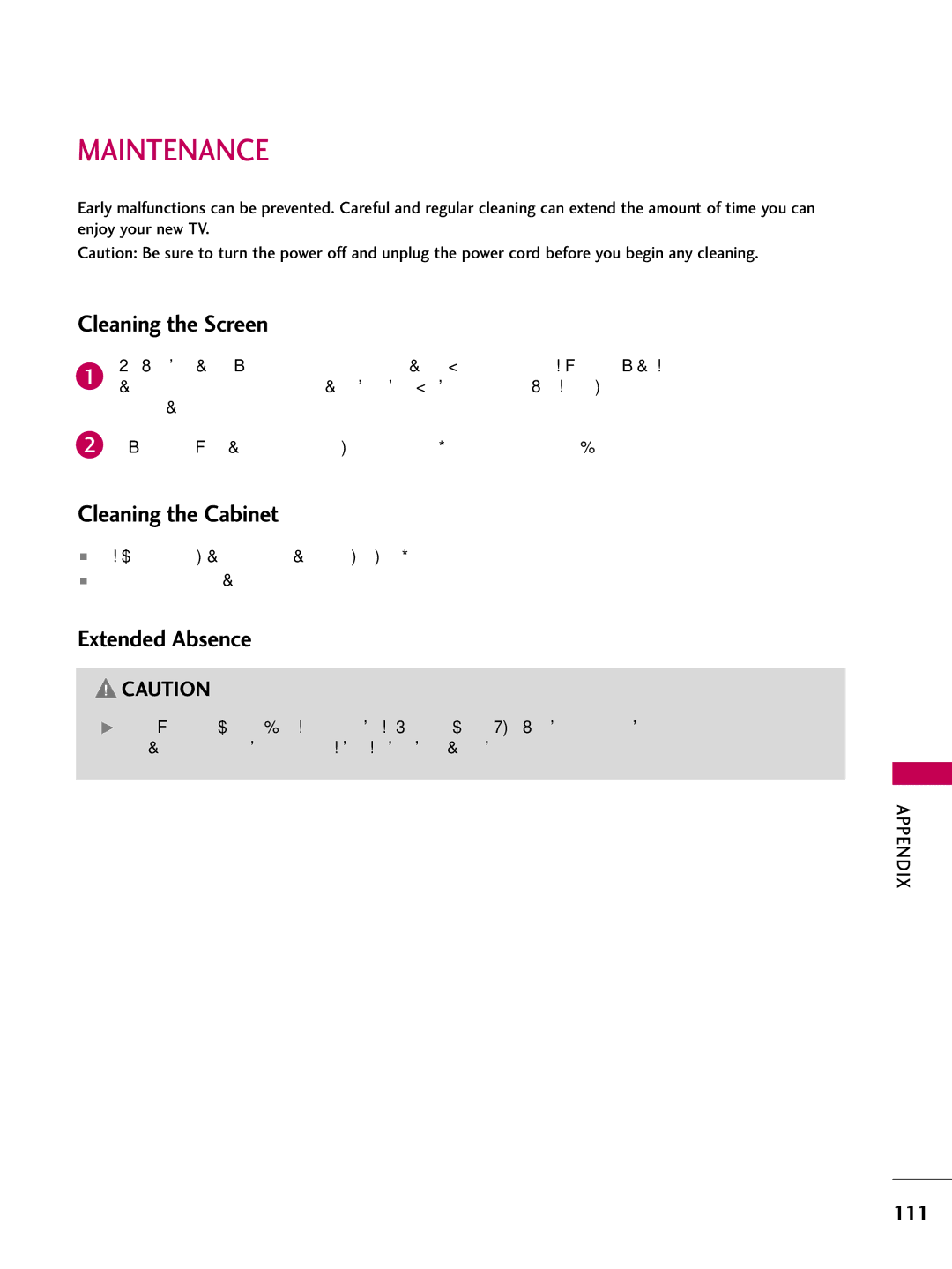 LG Electronics sac34134202 (1004-rev02) Maintenance, Cleaning the Screen, Cleaning the Cabinet, Extended Absence, 111 