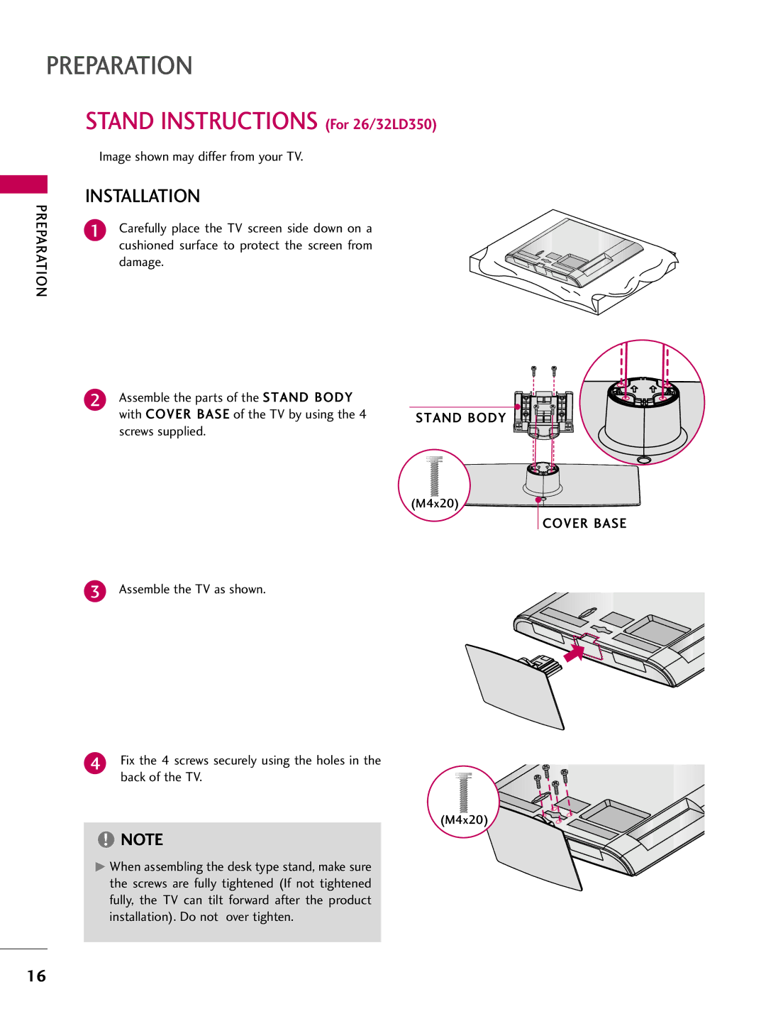 LG Electronics sac34134202 (1004-rev02) owner manual Stand Body, Screws supplied, Cover Base 