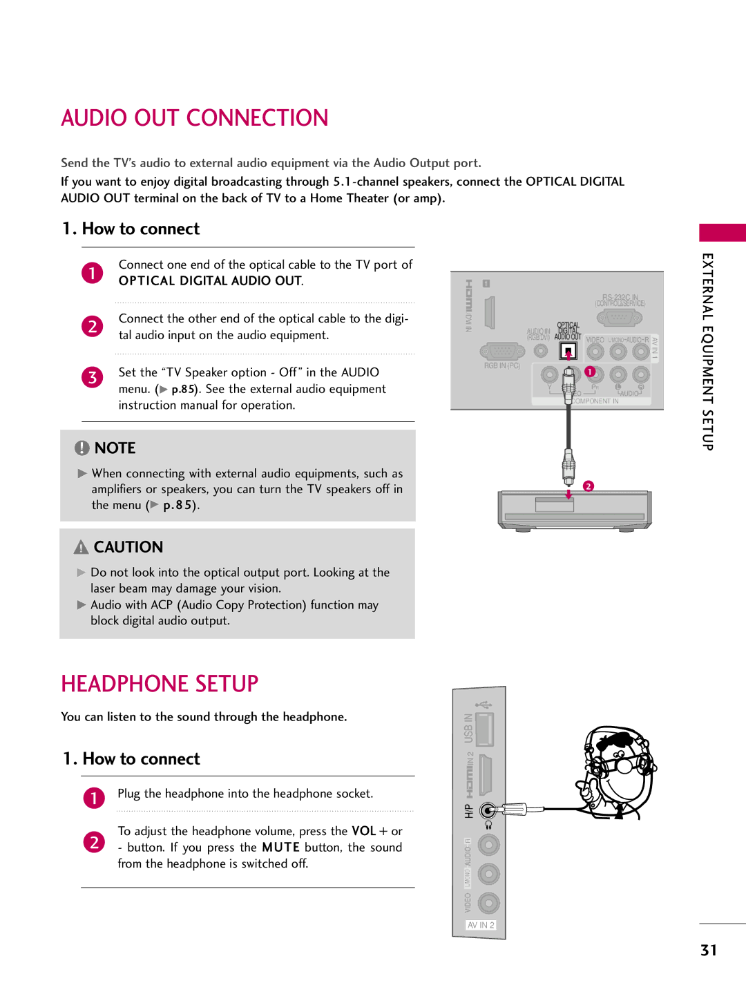 LG Electronics sac34134202 (1004-rev02) owner manual Audio OUT Connection, Headphone Setup 