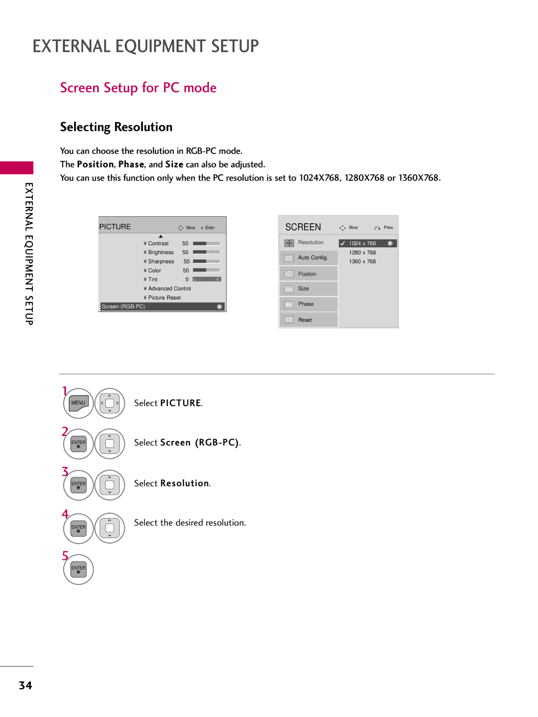 LG Electronics sac34134202 (1004-rev02) owner manual Screen Setup for PC mode, Selecting Resolution 