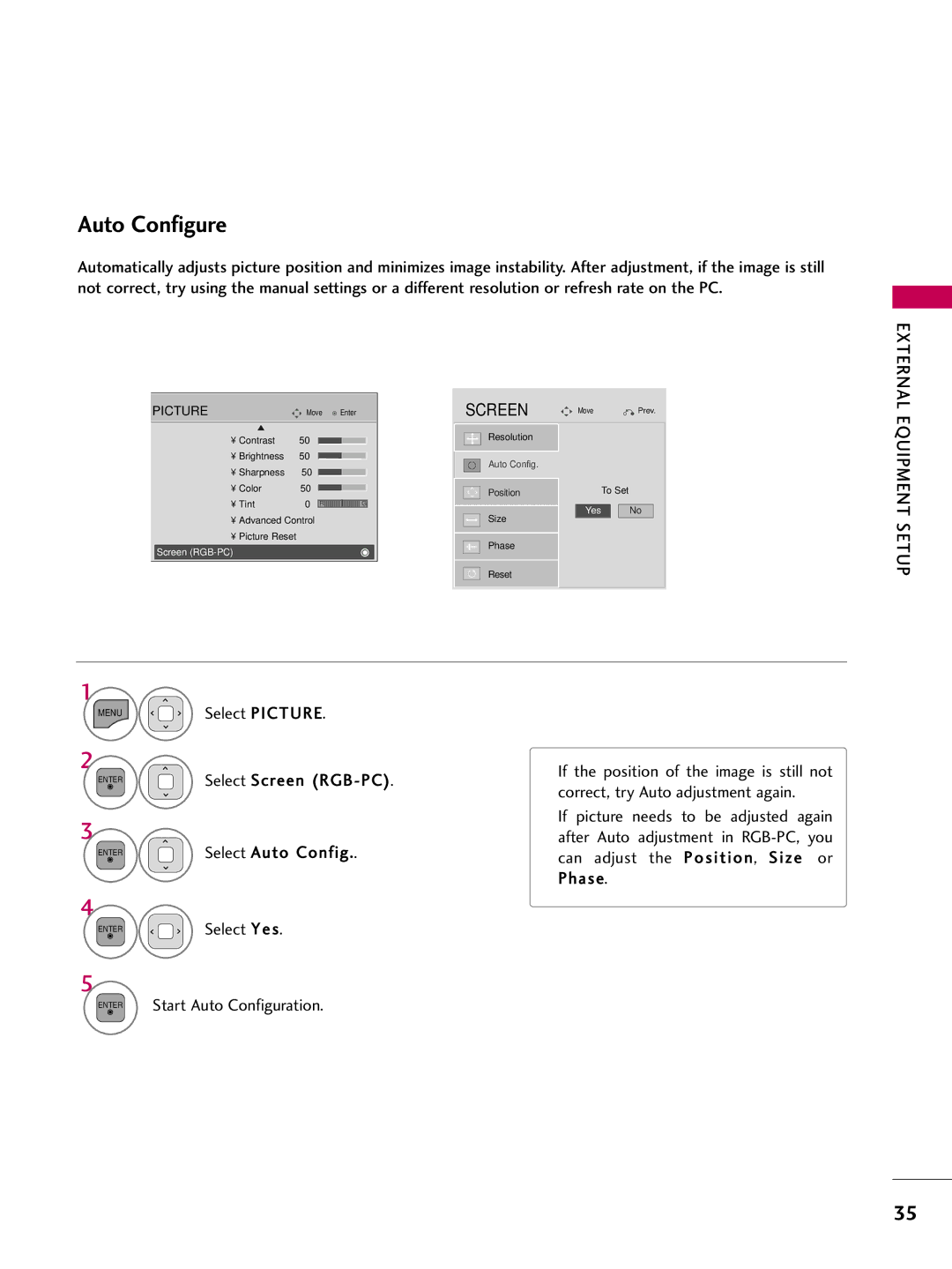 LG Electronics sac34134202 (1004-rev02) owner manual Auto Configure, Can adjust the Position, S i z e or Phase, Select Yes 