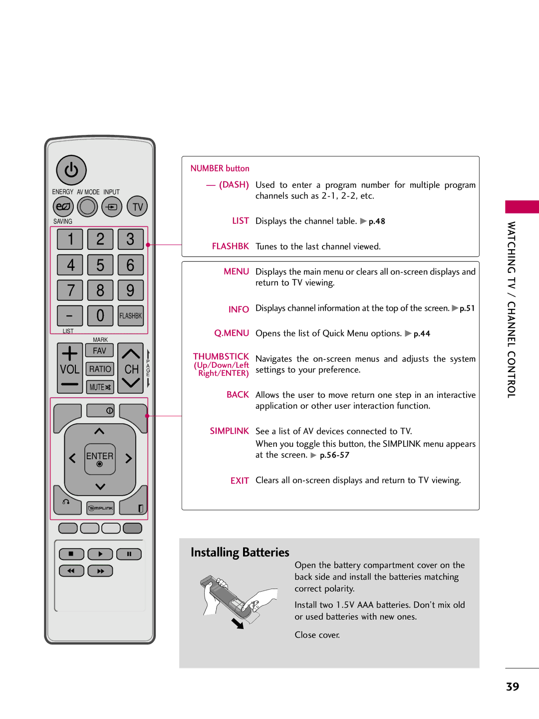 LG Electronics sac34134202 (1004-rev02) owner manual Installing Batteries, Watching, Control 