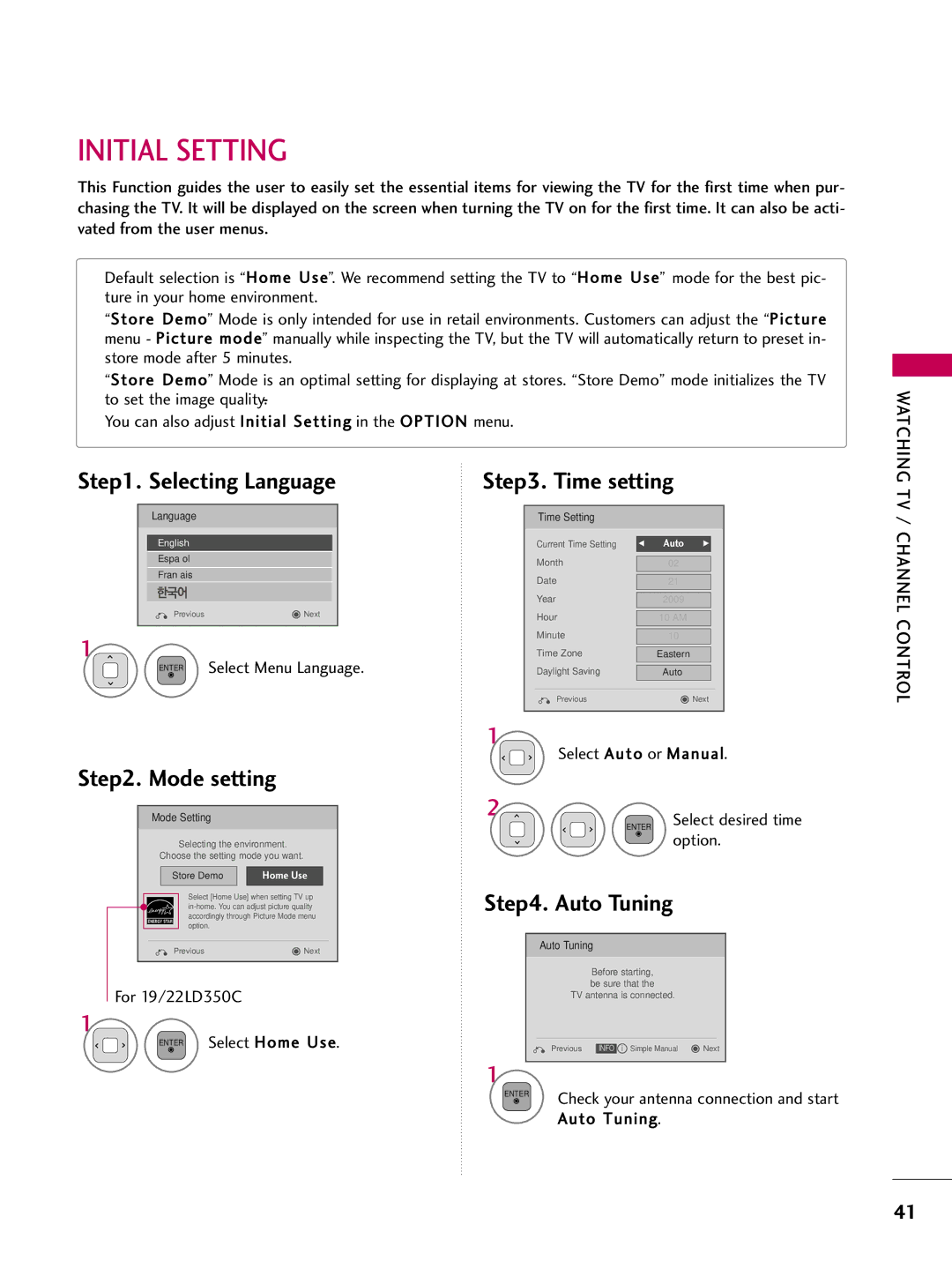 LG Electronics sac34134202 (1004-rev02) owner manual Initial Setting, Selecting Language, Time setting, Channel Control 