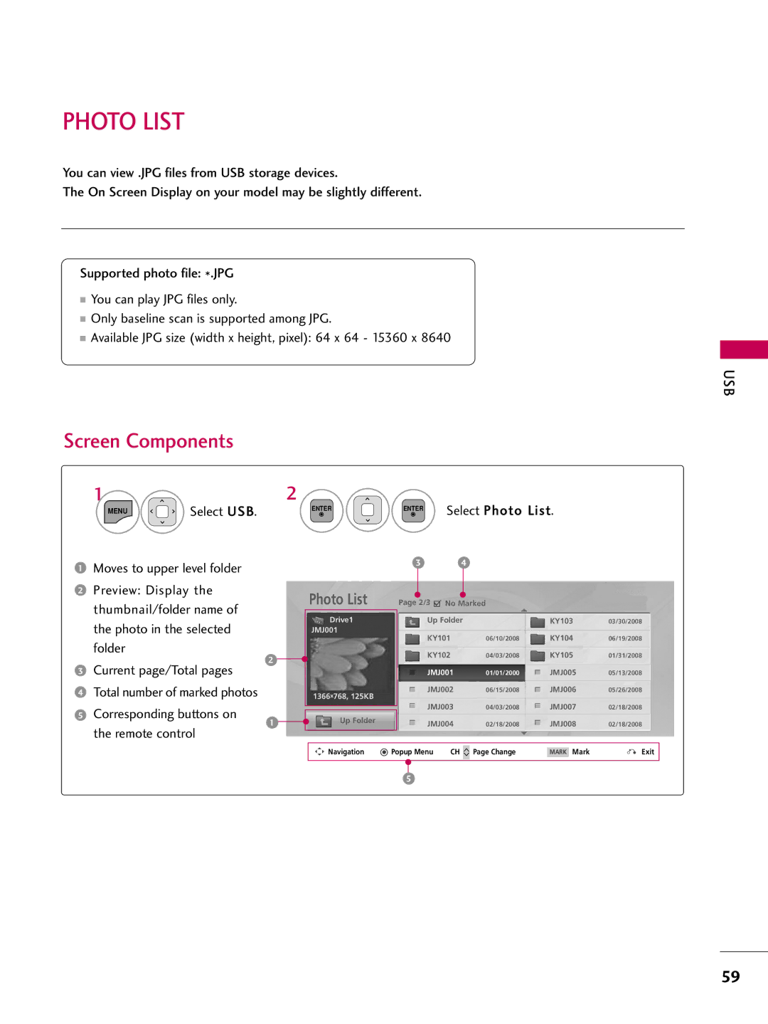 LG Electronics sac34134202 (1004-rev02) owner manual Photo List, Screen Components 