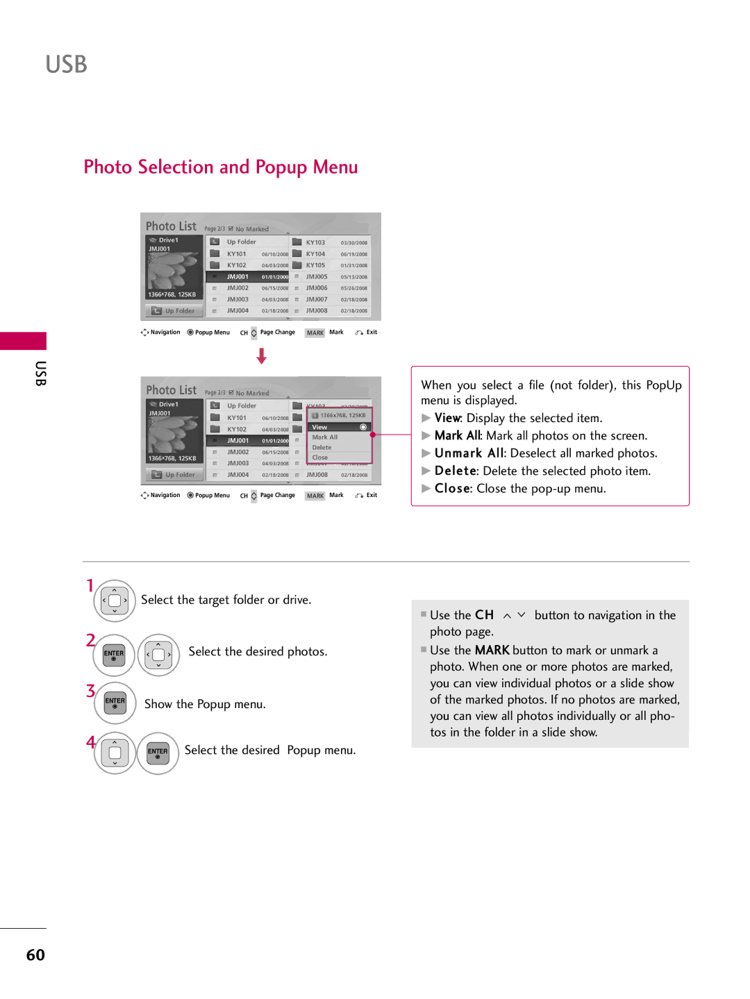 LG Electronics sac34134202 (1004-rev02) Photo Selection and Popup Menu, Photo Use the Mark button to mark or unmark a 